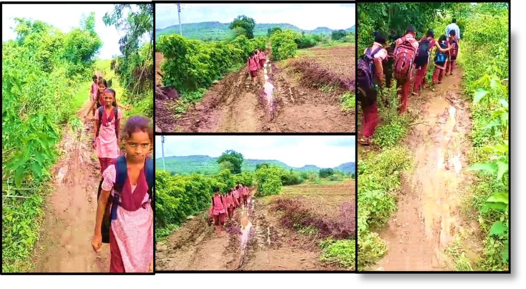 muddy walkways through nerve breaking hurdles. these small kids have to commute everyday.